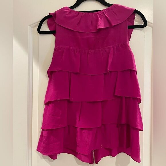 Bellatrix 100% Silk Fuchsia Ruffle Tiered Zip Front Sleeveless Blouse Medium - Picture 4 of 4